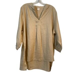 Lintico 100% Linen Tunic Blouse Tan V-Neck 3/4 Sleeve LagenLook Womens XXL NWOT
